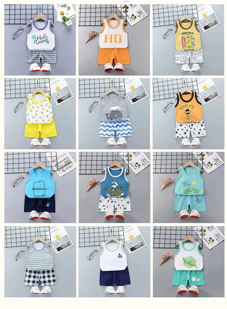 Conjuntos de roupas de algodão infantil, camisetas e shorts, roupas sem mangas para bebês meninos e meninas, roupas infantis, 2 peças, verão