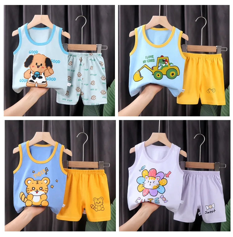 Conjuntos de roupas de algodão infantil, camisetas e shorts, roupas sem mangas para bebês meninos e meninas, roupas infantis, 2 peças, verão